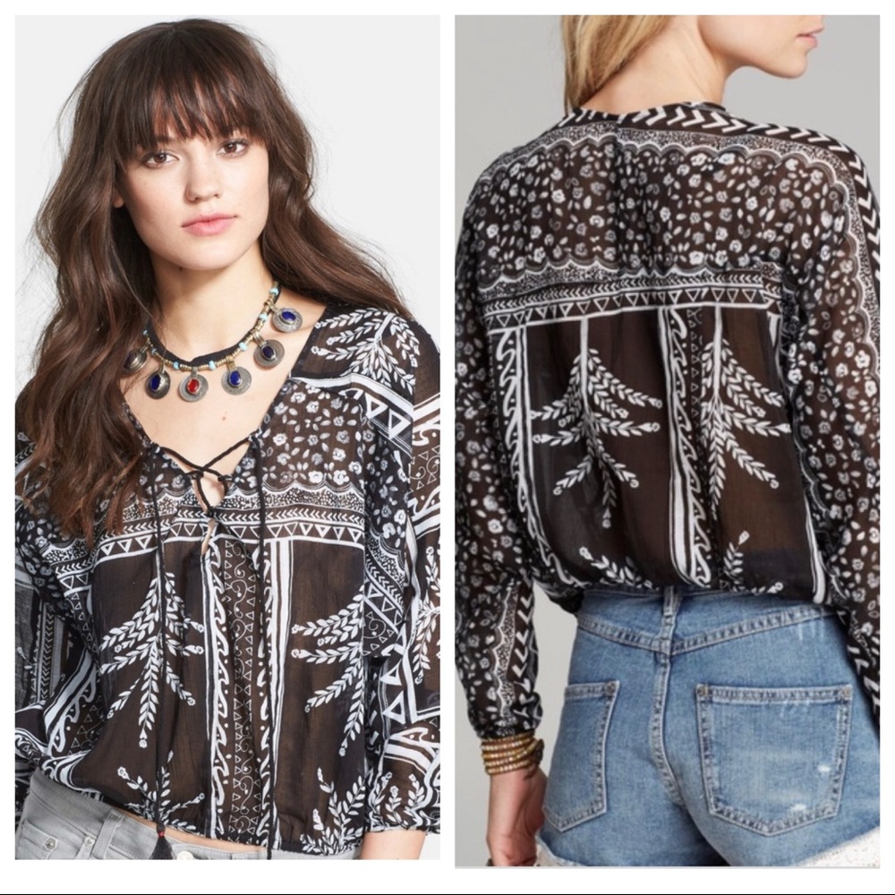 Free People ‘Yo Yo' Lace Up Print Peasant Top, XS